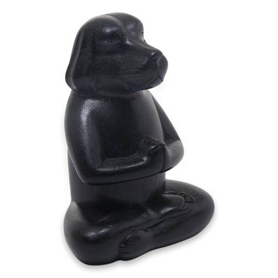 Alternate image for Wood Sculpture of Black Puppy Dog in Meditation Pose Meditating Black Puppy