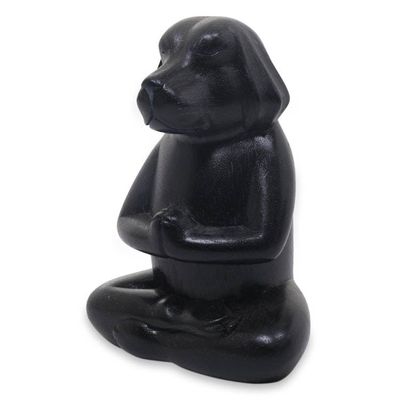 Alternate image for Wood Sculpture of Black Puppy Dog in Meditation Pose Meditating Black Puppy