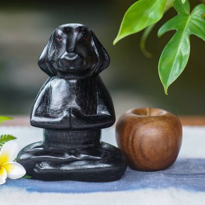 Alternate image for Wood Sculpture of Black Puppy Dog in Meditation Pose Meditating Black Puppy