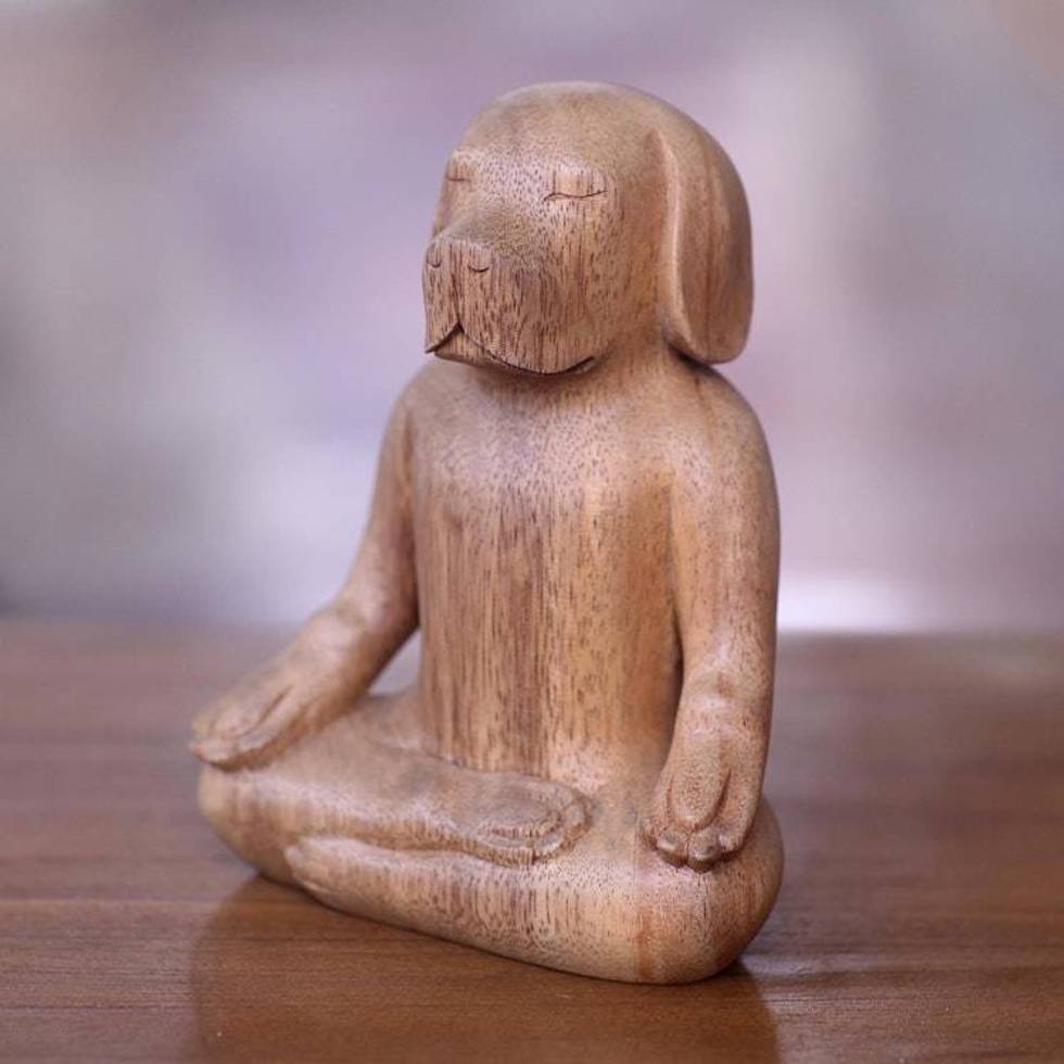 Artisan Hand Carved Wood Beagle in Yoga Pose Sculpture 'Yoga Beagle'