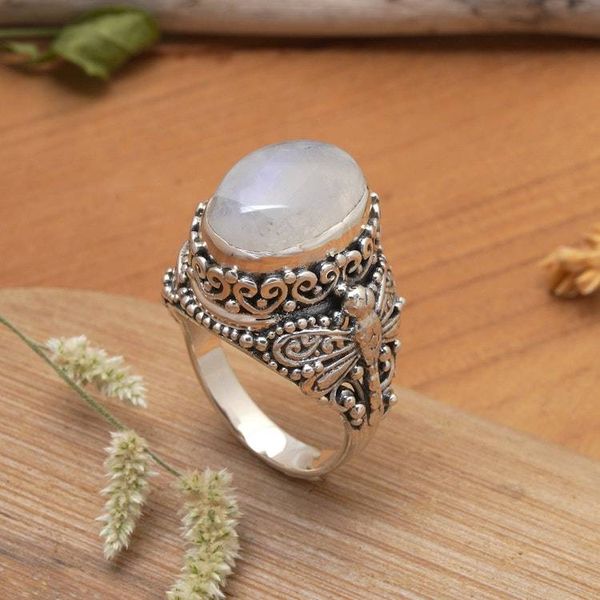 Alternate image for Dragonfly-Themed Balinese Moonstone Cabochon Cocktail Ring Lunar Dragonfly