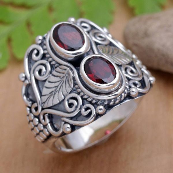 Alternate image for Leafy Sterling Silver Cocktail Ring with Faceted Garnet Gems Leafy Passion