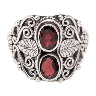 Alternate image for Leafy Sterling Silver Cocktail Ring with Faceted Garnet Gems Leafy Passion