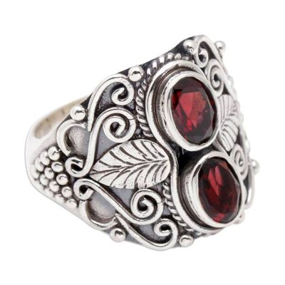 Alternate image for Leafy Sterling Silver Cocktail Ring with Faceted Garnet Gems Leafy Passion