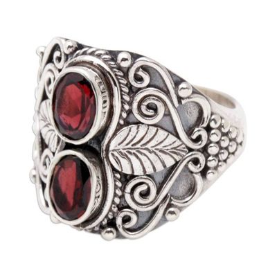 Alternate image for Leafy Sterling Silver Cocktail Ring with Faceted Garnet Gems Leafy Passion