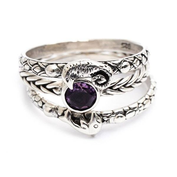 Alternate image for Set of 3 Amethyst and Silver Single Stone and Band Rings Under the Sea