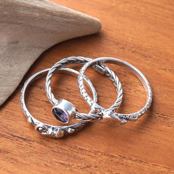 Alternate image for Set of 3 Amethyst and Silver Single Stone and Band Rings Under the Sea
