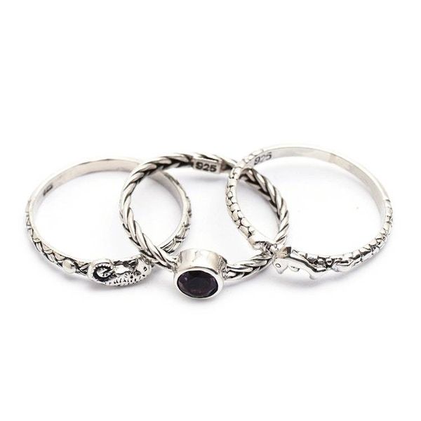 Alternate image for Set of 3 Amethyst and Silver Single Stone and Band Rings Under the Sea