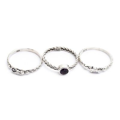 Alternate image for Set of 3 Amethyst and Silver Single Stone and Band Rings Under the Sea