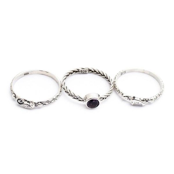 Alternate image for Set of 3 Amethyst and Silver Single Stone and Band Rings Under the Sea