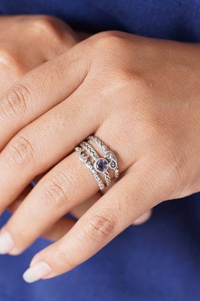 Alternate image for Set of 3 Amethyst and Silver Single Stone and Band Rings Under the Sea