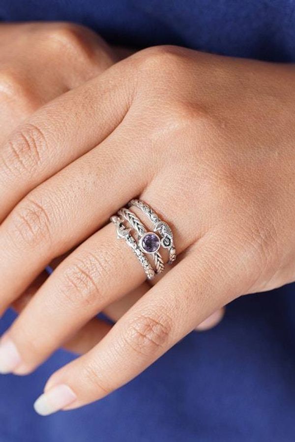Alternate image for Set of 3 Amethyst and Silver Single Stone and Band Rings Under the Sea