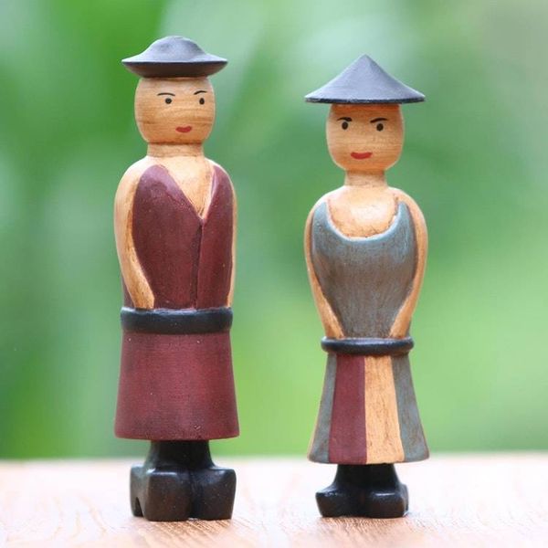 Alternate image for Hand Carved Wood Figurines of a Farmer Couple from Bali Happy Farmers