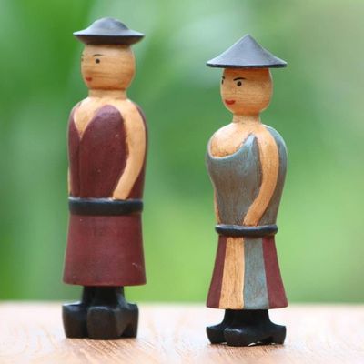 Alternate image for Hand Carved Wood Figurines of a Farmer Couple from Bali Happy Farmers