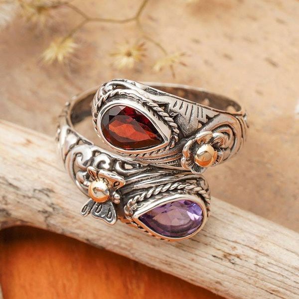 Alternate image for Nature-Inspired Balinese-Made Garnet and Amethyst Wrap Ring Fluttering Jewels