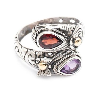 Alternate image for Nature-Inspired Balinese-Made Garnet and Amethyst Wrap Ring Fluttering Jewels