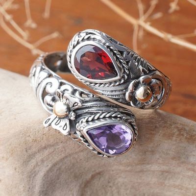 Alternate image for Nature-Inspired Balinese-Made Garnet and Amethyst Wrap Ring Fluttering Jewels