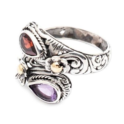 Alternate image for Nature-Inspired Balinese-Made Garnet and Amethyst Wrap Ring Fluttering Jewels