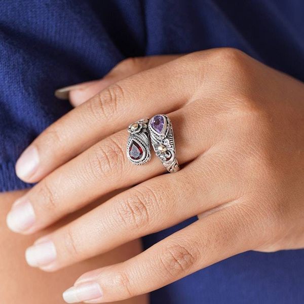 Alternate image for Nature-Inspired Balinese-Made Garnet and Amethyst Wrap Ring Fluttering Jewels