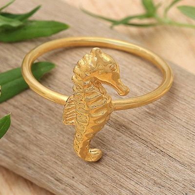 Alternate image for 18k Gold-Plated Seahorse-Themed Cocktail Ring Seahorse Lineage