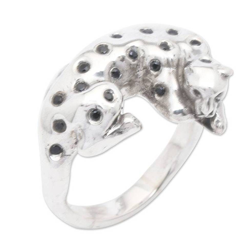 Men's Leopard-Themed Sterling Silver Cocktail Ring 'Dormant Leopard'