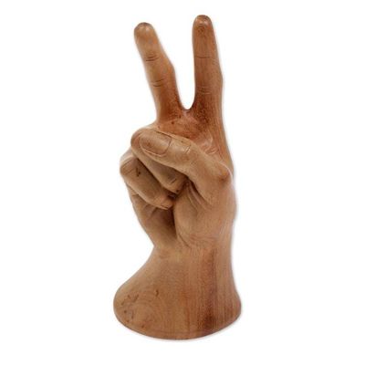 Alternate image for Realistic Bali Peace Sign Hand Sculpture in Hand Carved Wood Peace, Man