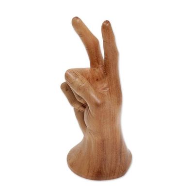Alternate image for Realistic Bali Peace Sign Hand Sculpture in Hand Carved Wood Peace, Man