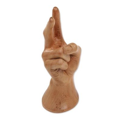 Alternate image for Realistic Bali Peace Sign Hand Sculpture in Hand Carved Wood Peace, Man