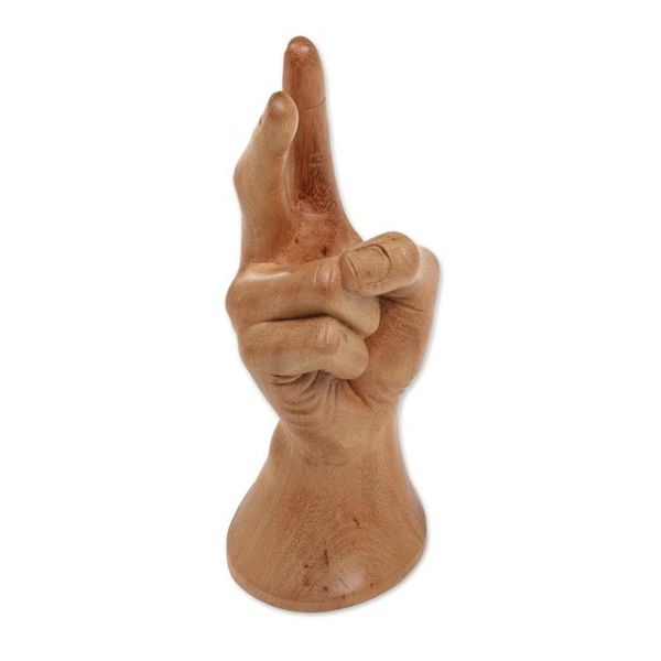 Alternate image for Realistic Bali Peace Sign Hand Sculpture in Hand Carved Wood Peace, Man