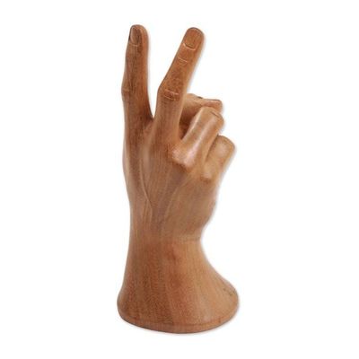 Alternate image for Realistic Bali Peace Sign Hand Sculpture in Hand Carved Wood Peace, Man
