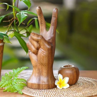 Alternate image for Realistic Bali Peace Sign Hand Sculpture in Hand Carved Wood Peace, Man