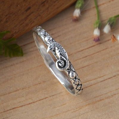 Alternate image for Textured Sterling Silver Band Ring with Seahorse Motif Adorable Seahorse