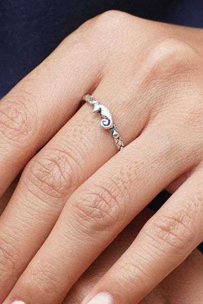 Alternate image for Textured Sterling Silver Band Ring with Seahorse Motif Adorable Seahorse