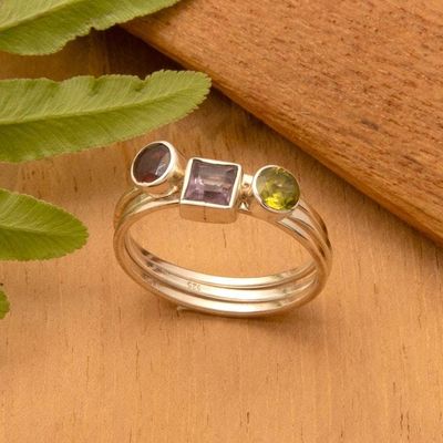 Primary image for 3 Multi-Gemstone Sterling Silver Mid-Finger Stacking Rings Fabulous Trio