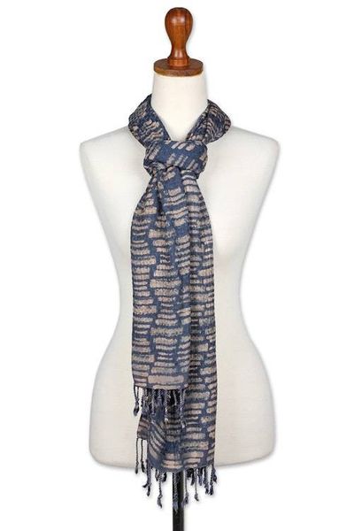 Alternate image for Handwoven Midnight and Brown 100 Rayon Scarf with Fringes Midnight Mosaic