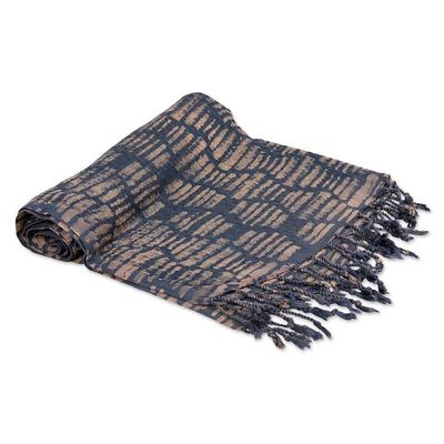 Alternate image for Handwoven Midnight and Brown 100 Rayon Scarf with Fringes Midnight Mosaic