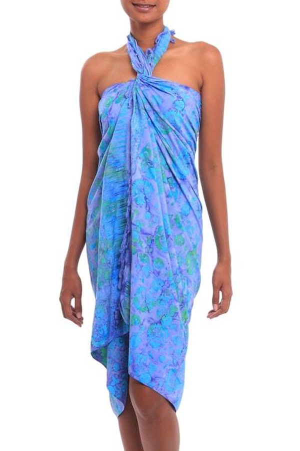 Alternate image for Floral Batik Rayon Sarong in Pale Blue from Bali Pale Blue Petals