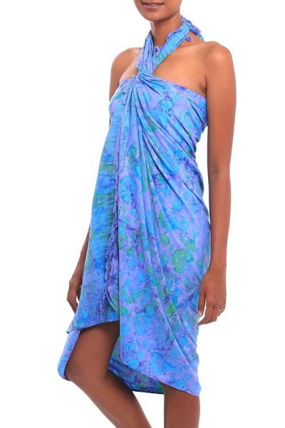 Alternate image for Floral Batik Rayon Sarong in Pale Blue from Bali Pale Blue Petals