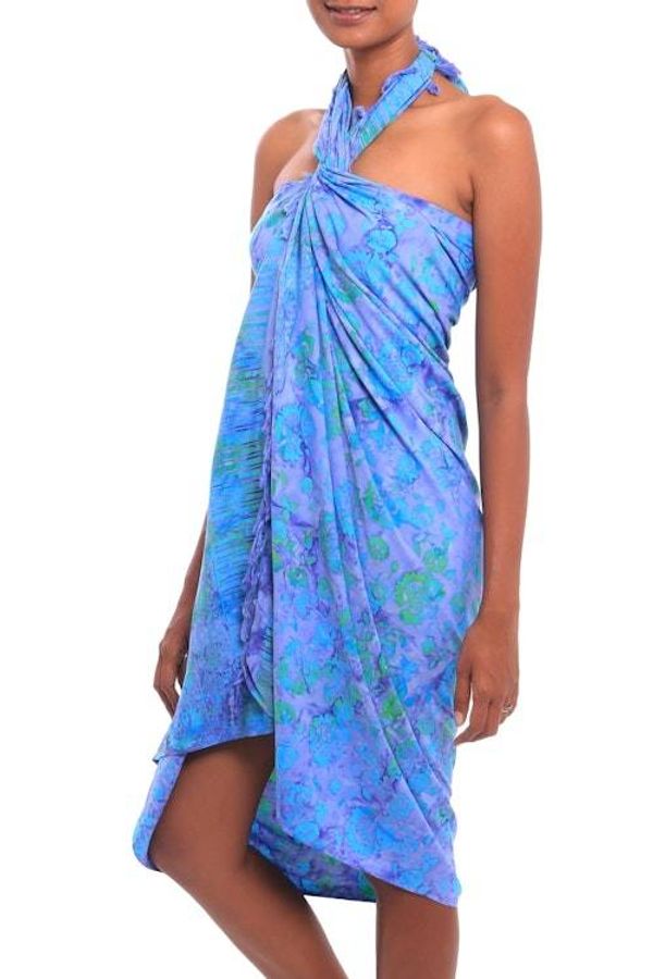 Alternate image for Floral Batik Rayon Sarong in Pale Blue from Bali Pale Blue Petals
