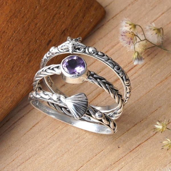 Alternate image for Amethyst Solitaire Ring and Silver Band Rings 3 Piece-Set Underneath the Sea