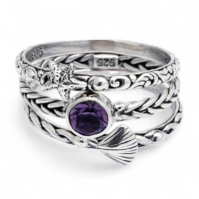 Alternate image for Amethyst Solitaire Ring and Silver Band Rings 3 Piece-Set Underneath the Sea