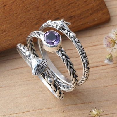 Alternate image for Amethyst Solitaire Ring and Silver Band Rings 3 Piece-Set Underneath the Sea