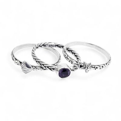 Alternate image for Amethyst Solitaire Ring and Silver Band Rings 3 Piece-Set Underneath the Sea