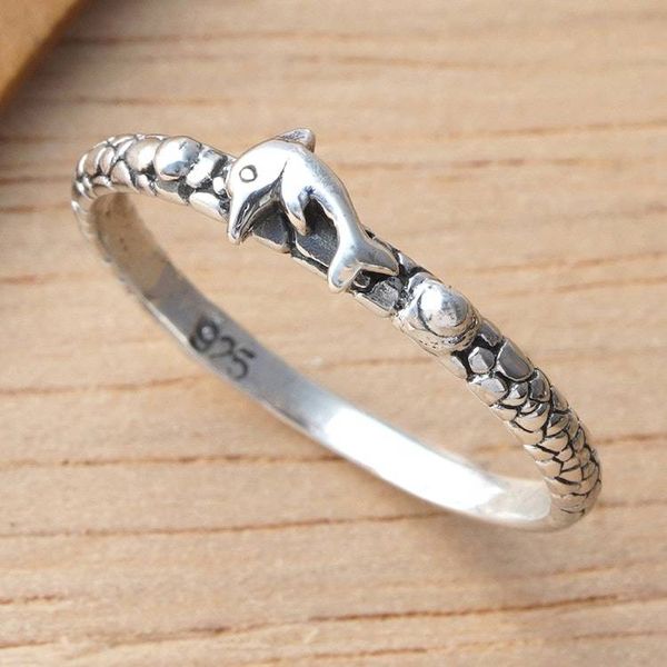 Alternate image for Dolphin-Themed Polished and Oxidized Band Ring from Bali Little Fin