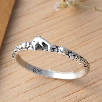 Alternate image for Dolphin-Themed Polished and Oxidized Band Ring from Bali Little Fin