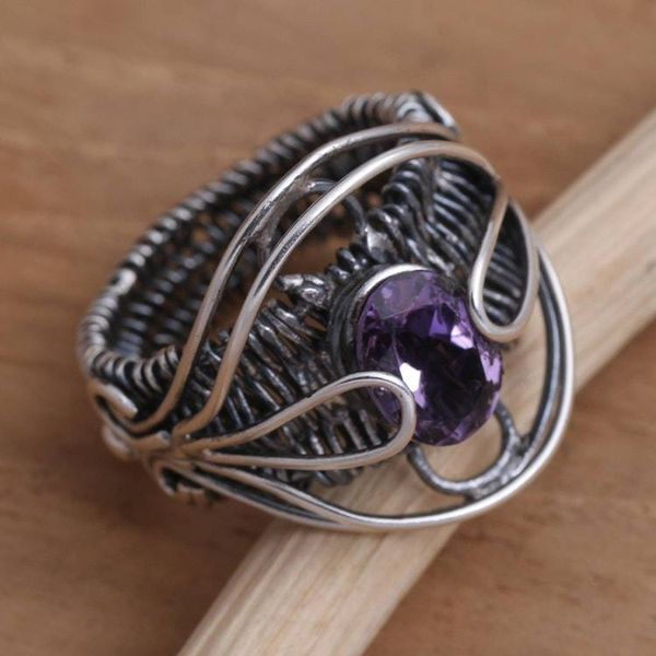 Alternate image for Artisan Made Sterling Silver Amethyst Cocktail Ring Novel Charm in Purple