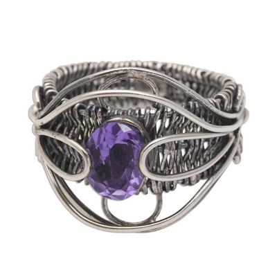 Alternate image for Artisan Made Sterling Silver Amethyst Cocktail Ring Novel Charm in Purple