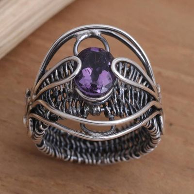 Alternate image for Artisan Made Sterling Silver Amethyst Cocktail Ring Novel Charm in Purple
