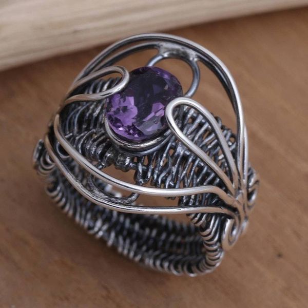 Alternate image for Artisan Made Sterling Silver Amethyst Cocktail Ring Novel Charm in Purple