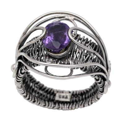 Alternate image for Artisan Made Sterling Silver Amethyst Cocktail Ring Novel Charm in Purple